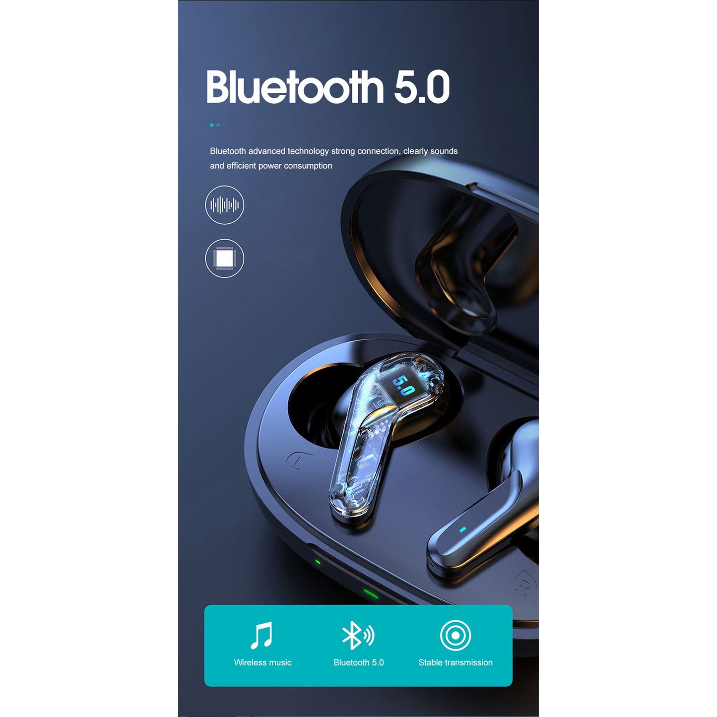 Wireless Earbuds Bluetooth Earphones, Touch Control with Wireless Charging Case IPX8 Waterproof Stereo Earphones in-Ear Built-in Mic Headset Premium Deep Bass for Sport Black