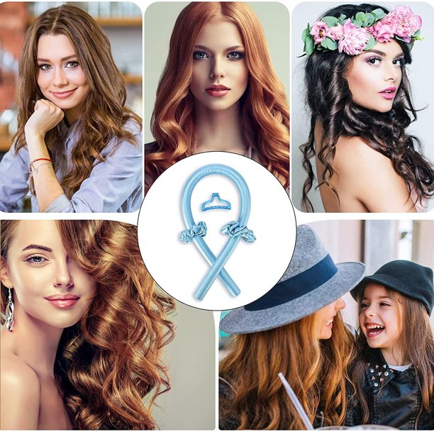 Heatless Hair Curlers ,No Heat Silk Curling Rod Headband with Clips,Curl Hair Without Heat (Blue)