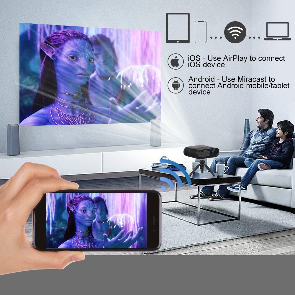 Doosl Projector with 120 Inch Projector Screen, 1080P Full HD Supported WiFi Video Projector, Mini Movie Projector Compatible with TV Stick HDMI VGA USB TF AV, for Home Cinema Outdoor Indoor Movie