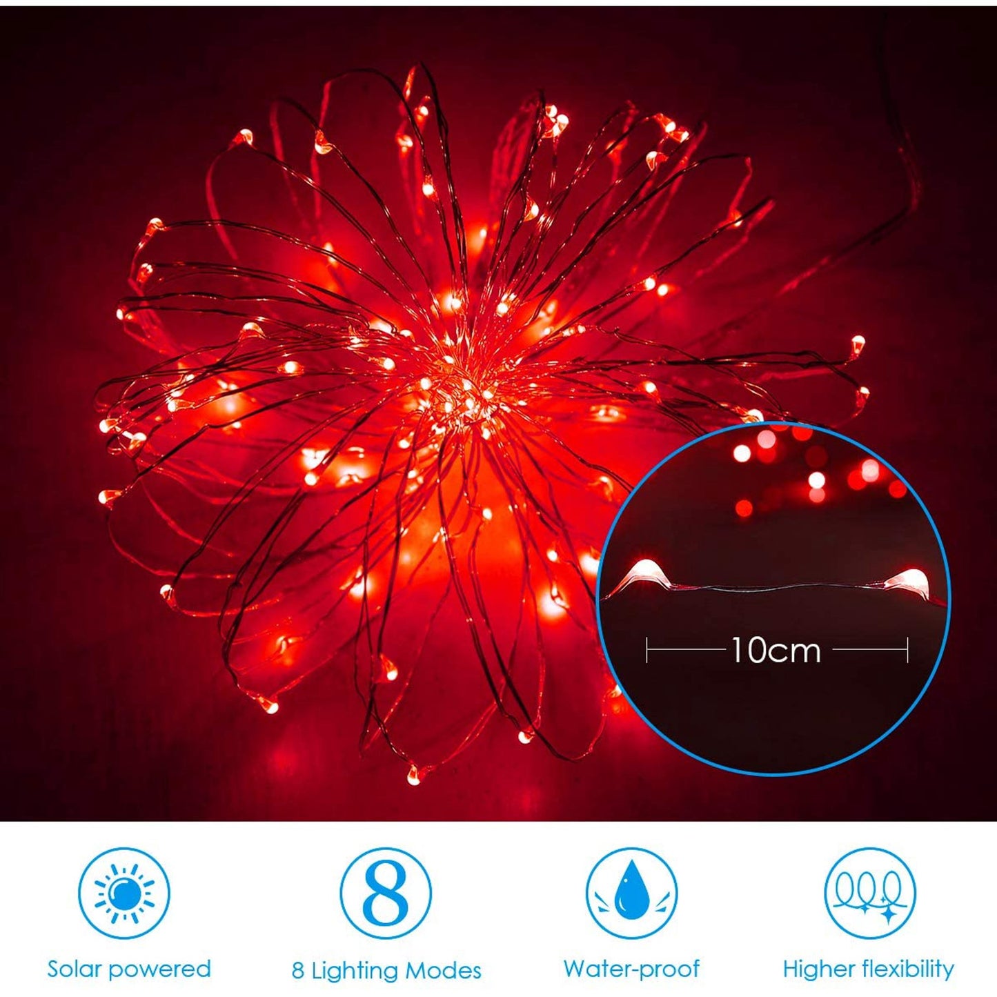 Outdoor Solar String Lights, 40ft 100 LED 8 Lighting Modes Copper Wire Solar Decorative Lights, Waterproof Solar Fairy Lights for Garden, Wedding, Patio, Bedroom, Party, Bushes, Trees and Christmas