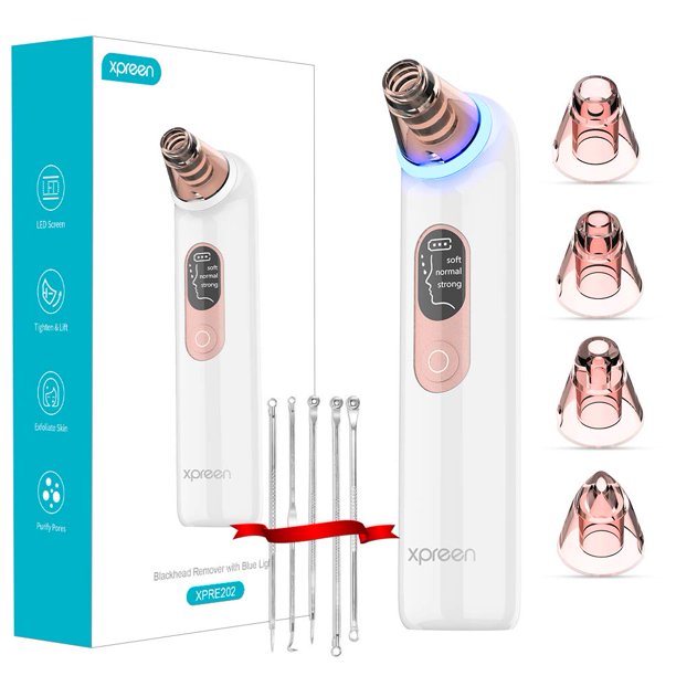 Xpreen Blackhead Remover Vacuum, Xpreen Pore Vacuum with Blue Light, Pore Cleaner Vacuum USB Rechargeable, Pore Vacuum Blackhead Remover with LED Screen for Women Men Face Nose (White)