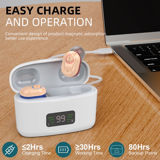 Doosl Rechargeable Personal Sound Amplifiers for Ears with Noise Reduction, Mini Invisible Aid Digital Personal Sound Amplifier Voice Enhancer Devices with Charging Case for Seniors,White,1 Pair