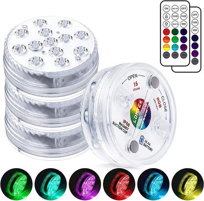 Melliful Submersible LED Lights with Remote RF,Full Waterproof Pool Lights for Inground Pool with Suction Cups,3.35” Color Changing Underwater Lights for Ponds Battery Operated (4 Packs)