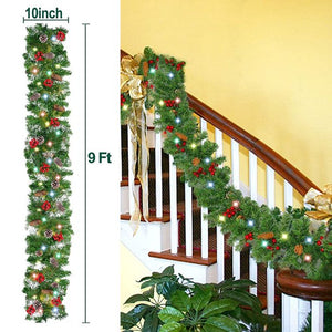 Cooseas Artificial Christmas Garland Flocked with Mixed Decorations and LED Color Lights Frosted Berry Faux Vine Lights, 9 ft