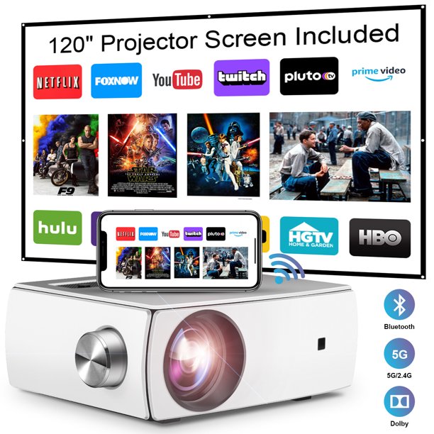 Doosl Projector with 120 Inch Projector Screen, 5G WiFi Projector, Full HD Native 1080P Projector, Compatible with 4K Smartphone TV Stick HDMI VGA USB TF AV, for Home Cinema Outdoor Indoor Movie