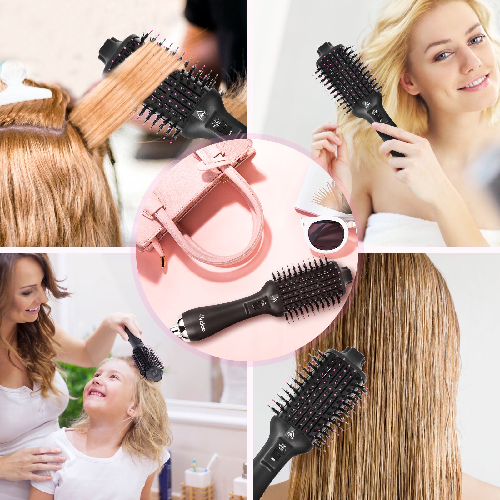 Hair Dryer Brush, Blow Dryer Brush, Hair Dryer and Volumizer Set with Interchangeable Brush Head for Rotating Straightening, Curling, Salon Negative Ion Ceramic Hot Air Brush Comb