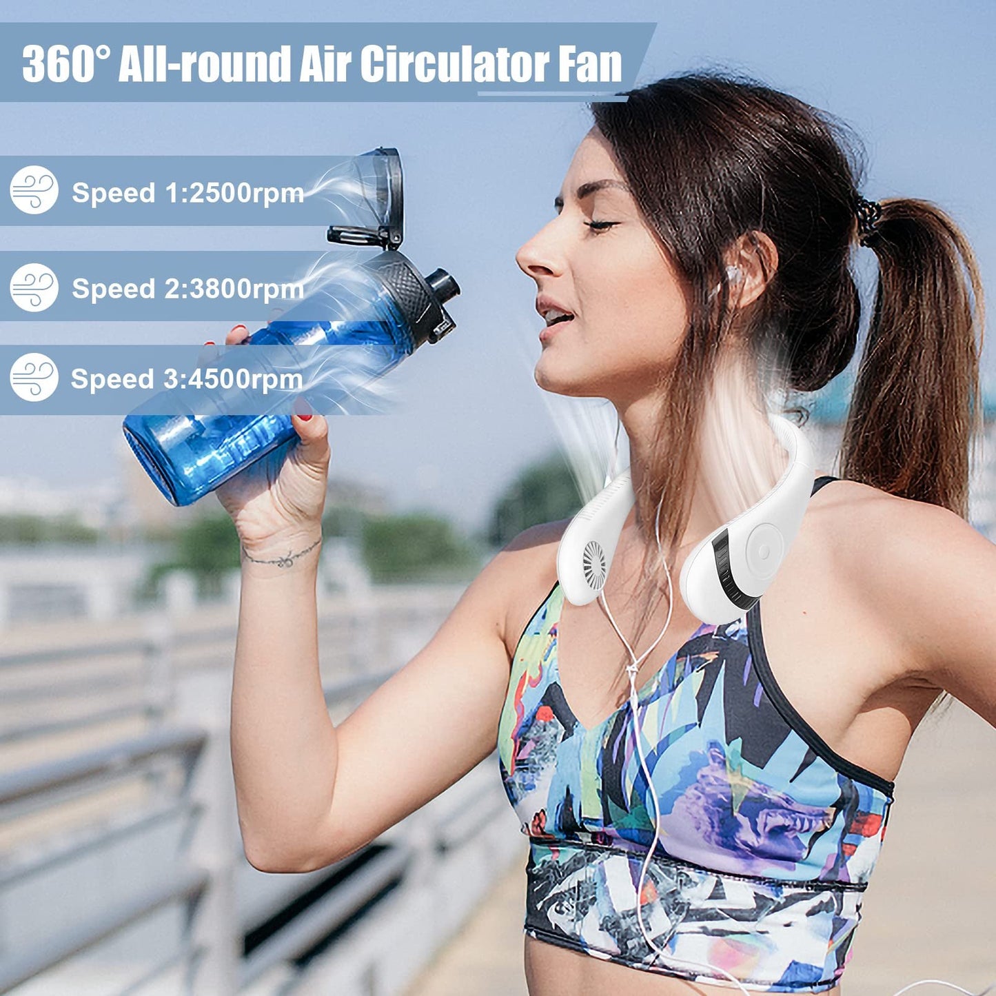 Doosl Portable Bladeless Neck Fan, 3 Adjustable Wind Speed, Rechargeable Hands-free Personal Fan, Foldable, White