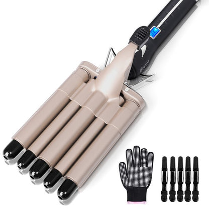 iFanze 3 Barrel Curling Iron Wand, 1" Tourmaline Ceramic Multi Functional 3 Barrel Waver Crimper Hair Iron with LCD Temperature Display, Travel Size, Beige