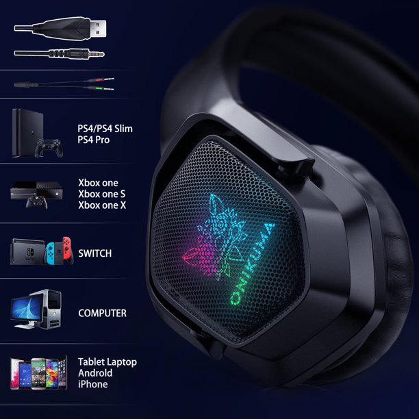 ONIKUMA Gaming Headset for PC, 7.1 Surround Stereo Sound RGB Over-ear Gaming Headphones with Noise Cancelling Mic for PS4 PS5 Xbox One Laptop Mac Nintendo NES Games