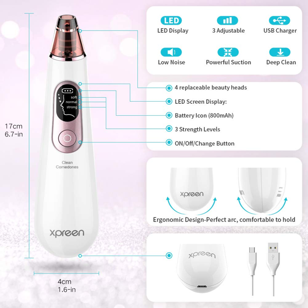 Xpreen Blackhead Remover Vacuum, Xpreen Pore Vacuum with Blue Light, Pore Cleaner Vacuum USB Rechargeable, Pore Vacuum Blackhead Remover with LED Screen for Women Men Face Nose (White)