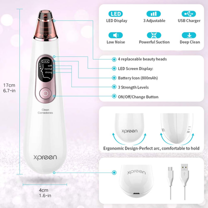 Xpreen Blackhead Remover Vacuum, Xpreen Pore Vacuum with Blue Light, Pore Cleaner Vacuum USB Rechargeable, Pore Vacuum Blackhead Remover with LED Screen for Women Men Face Nose (White)