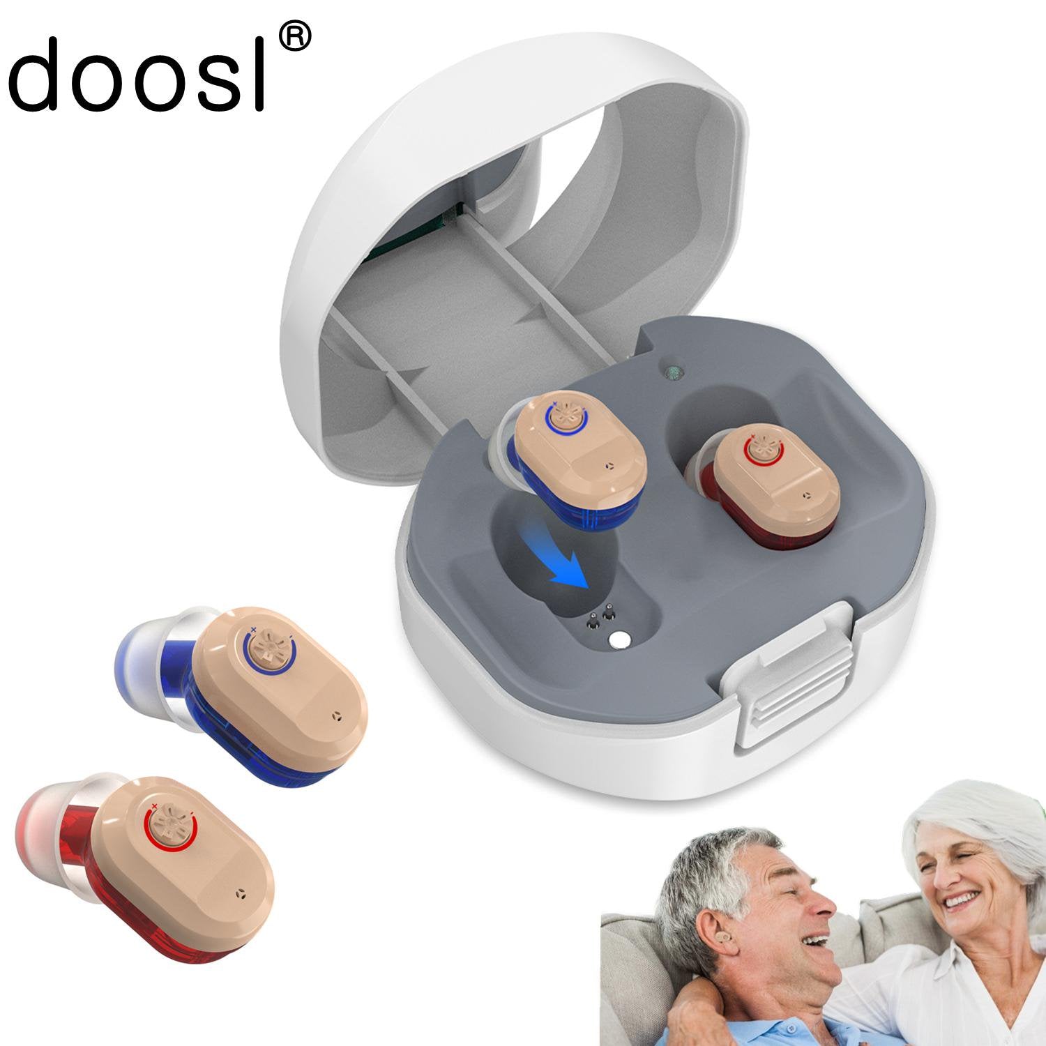 Doosl Hearing Aids with Portable Charging Case, Rechargeable Hearing Amplifiers for Both Ears, Noise Reduction, Volume Adjustable, In-Ear Hearing Devices for Seniors and Adults