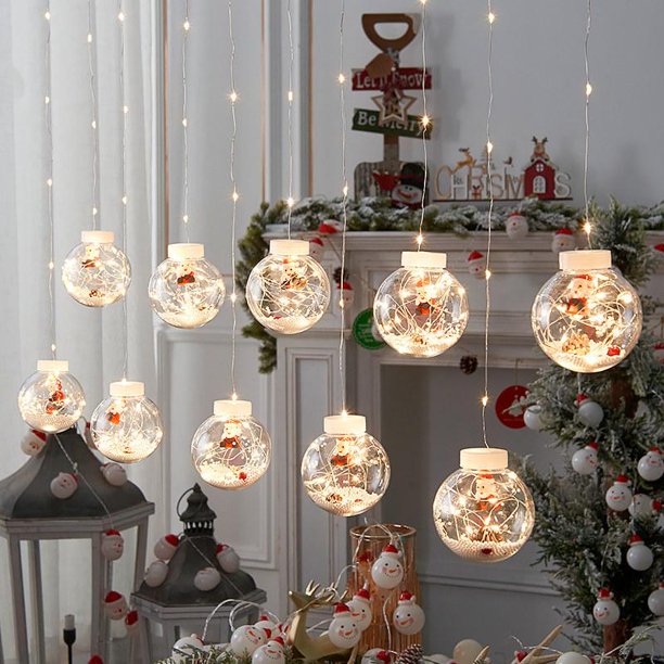 New Year 2022 LED Christmas String Lights with Santa Claus, Curtain Lights with Wishing Ball for Yard Home Party Porch Holiday Decor(Warm White)