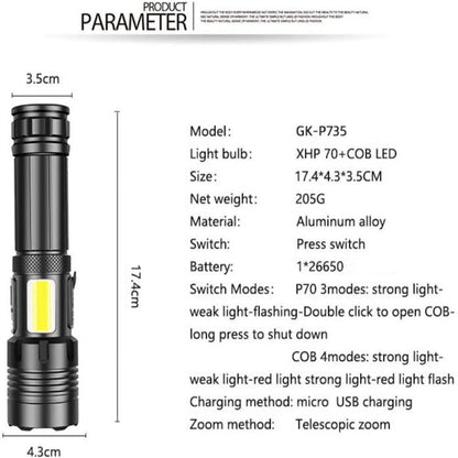 90000 Lumens Powerful Flashlight, Laighter USB Rechargeable Waterproof XHP50 Searchlight Super Bright 5 Modes LED Flashlight Zoom Bar Torch for emergencies Hiking Hunting Camping