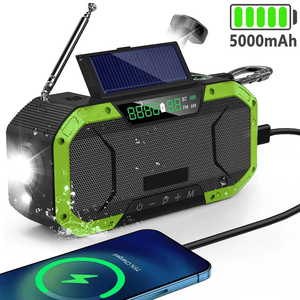 Emergency Weather Radio, 5000mAh Solar Hand Crank Radio, Bluetooth AM FM NOAA Alert Weather Radio, Bluetooth Speakers, Power Bank, Flashlight, SOS Alarm, Compass, Outdoor Camping Hiking Radio