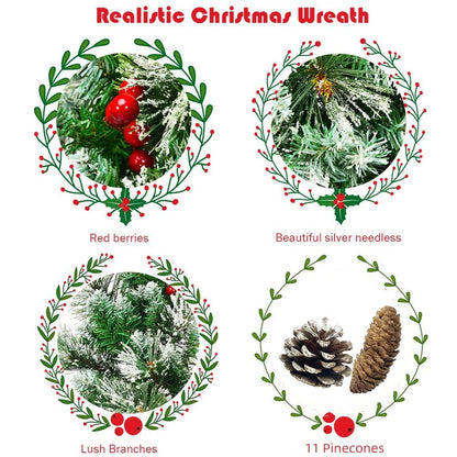 Melliful Christmas Wreath, 24-inch Artificial Snow Flocked Christmas Wreath with Pinecones and Red Berries, Un-Lit