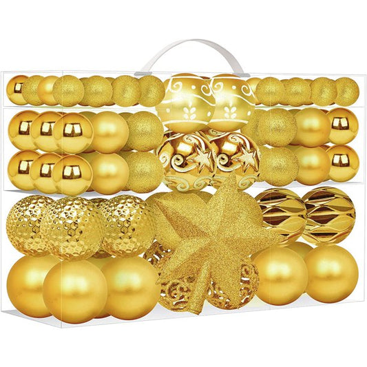 101 Pcs Christmas Balls Tree Ornaments, Shatterproof Christmas Tree Balls Decorations Set, Star Topper Baubles Hanging Ornaments for Holiday Xmas Tree Decor (Gold)