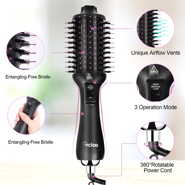 Hair Dryer Brush, Blow Dryer Brush, Hair Dryer and Volumizer Set with Interchangeable Brush Head for Rotating Straightening, Curling, Salon Negative Ion Ceramic Hot Air Brush Comb