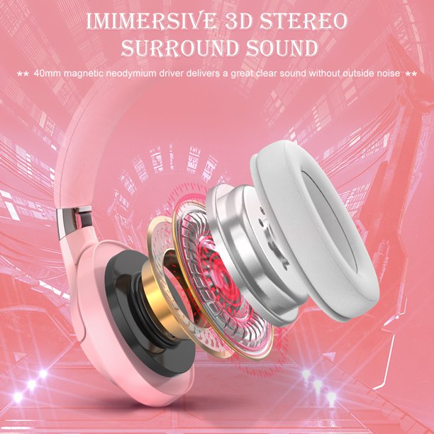 ONIKUMA Pink Gaming Headset, 3D Stereo Surround Sound RGB Folding Over-ear Gaming Headphones with Detachable 360° Noise Cancelling Mic for PC Laptop PS4 Xbox One Nintendo Switch