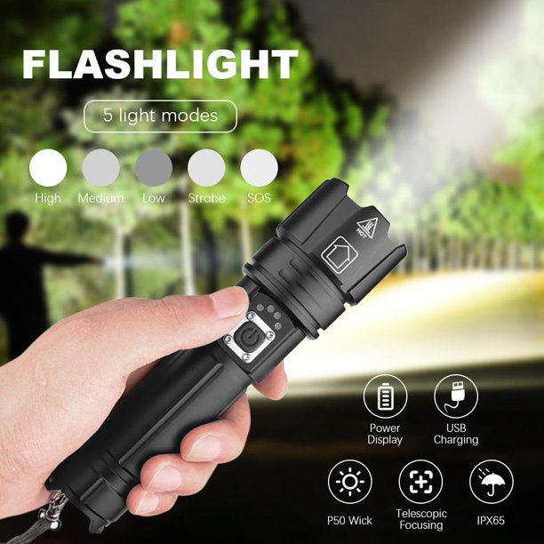 10000 Lumens Tactical Flashlight,Rechargeable Waterproof Searchlight XHP70 Super Bright Handheld Led Flashlight Tactical Flashlight 22650 Battery USB Zoom Torch for Emergency Hiking Hunting Camping