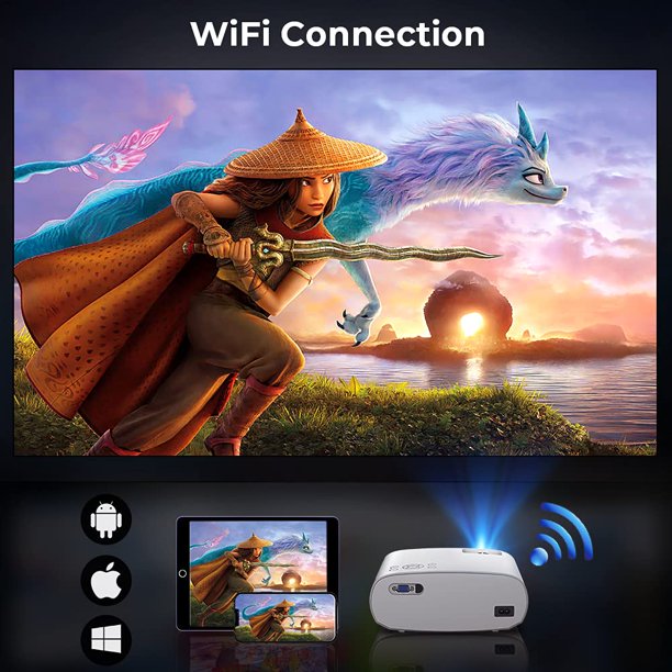 Doosl WiFi Bluetooth Projector, 5G Native 1080P Mini Projector with 120" Projector Screen, 9200L 210" Display Outdoor Movie Projector with Dolby, HDMI, VGA, AV, USB and Remote Controller