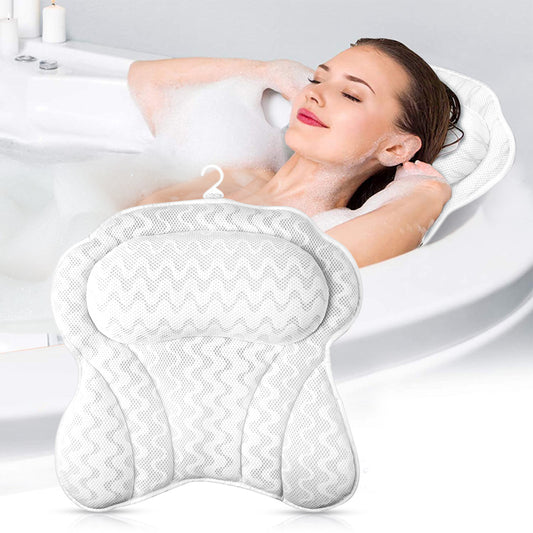 Bath Pillow, 3D Air Mesh Support Head Neck Shoulder & Back Bathtub Pillow Six Power Suction Comfortable Spa Bath Pillow White