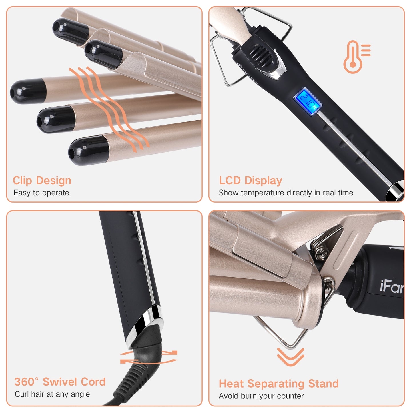 iFanze 3 Barrel Curling Iron Wand, 1" Tourmaline Ceramic Multi Functional 3 Barrel Waver Crimper Hair Iron with LCD Temperature Display, Travel Size, Beige