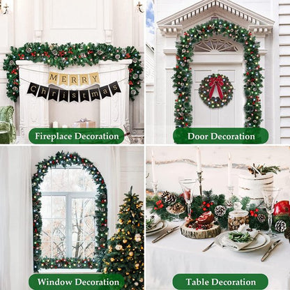 Melliful 9 ft Artificial Christmas Garland with Red Berries and White Pine Cones, Outdoor Christmas Garland Greenery Pine Garland, Mantle Garland Xmas Holiday Indoor