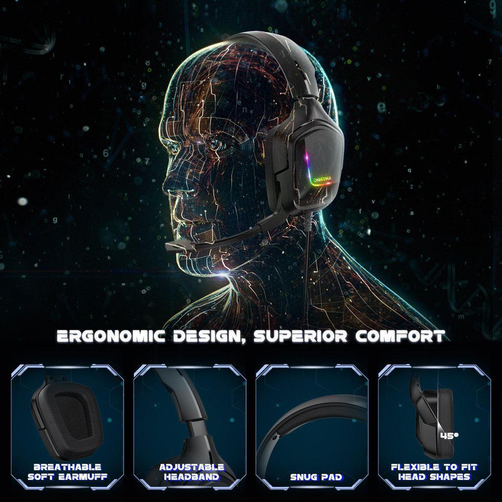 ONIKUMA Gaming Headsets for PS4, Xbox One Controller, Nintendo Switch, PC, Laptop, MAC, Over-Ear Gaming Headphones with LED Light, Black