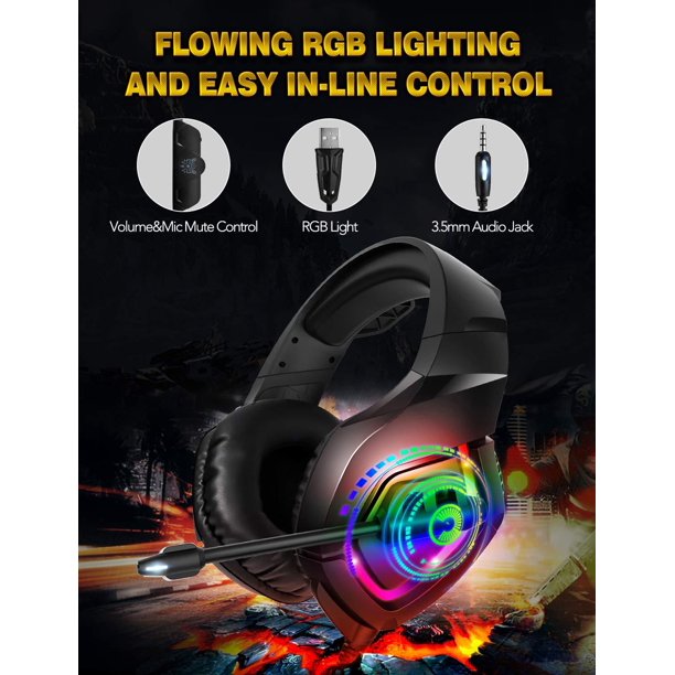 K1-B Gaming Headsets for PS4, Wired Gaming Headphones with Noise Canceling Mic & RGB Light, 7.1 Surround Sound, Compatible with PS5, Xbox One, PC, Laptop, Nintendo Switch, Mac, Mobile