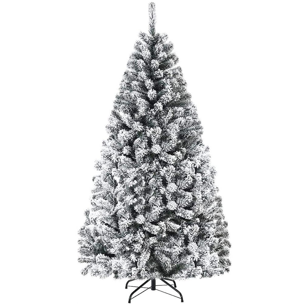 Melliful 6 ft Pre-Lit Snow Flocked Christmas Tree, Artificial Snowy Pine Tree with 100 LED Lights & Sturdy Metal Base, Ideal for Home Office Party Xmas Holiday Decorations