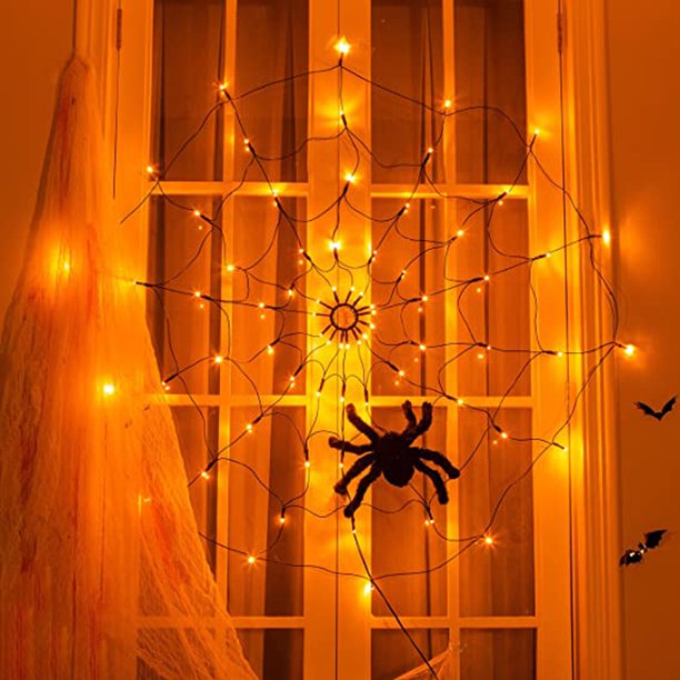 Meliful Halloween Black Spider Web Light with 80 LED Waterproof Orange Net Lights and 1 Black Spider for House Yard Garden Indoor and Outdoor Scary Halloween Theme