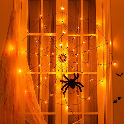 Meliful Halloween Black Spider Web Light with 80 LED Waterproof Orange Net Lights and 1 Black Spider for House Yard Garden Indoor and Outdoor Scary Halloween Theme
