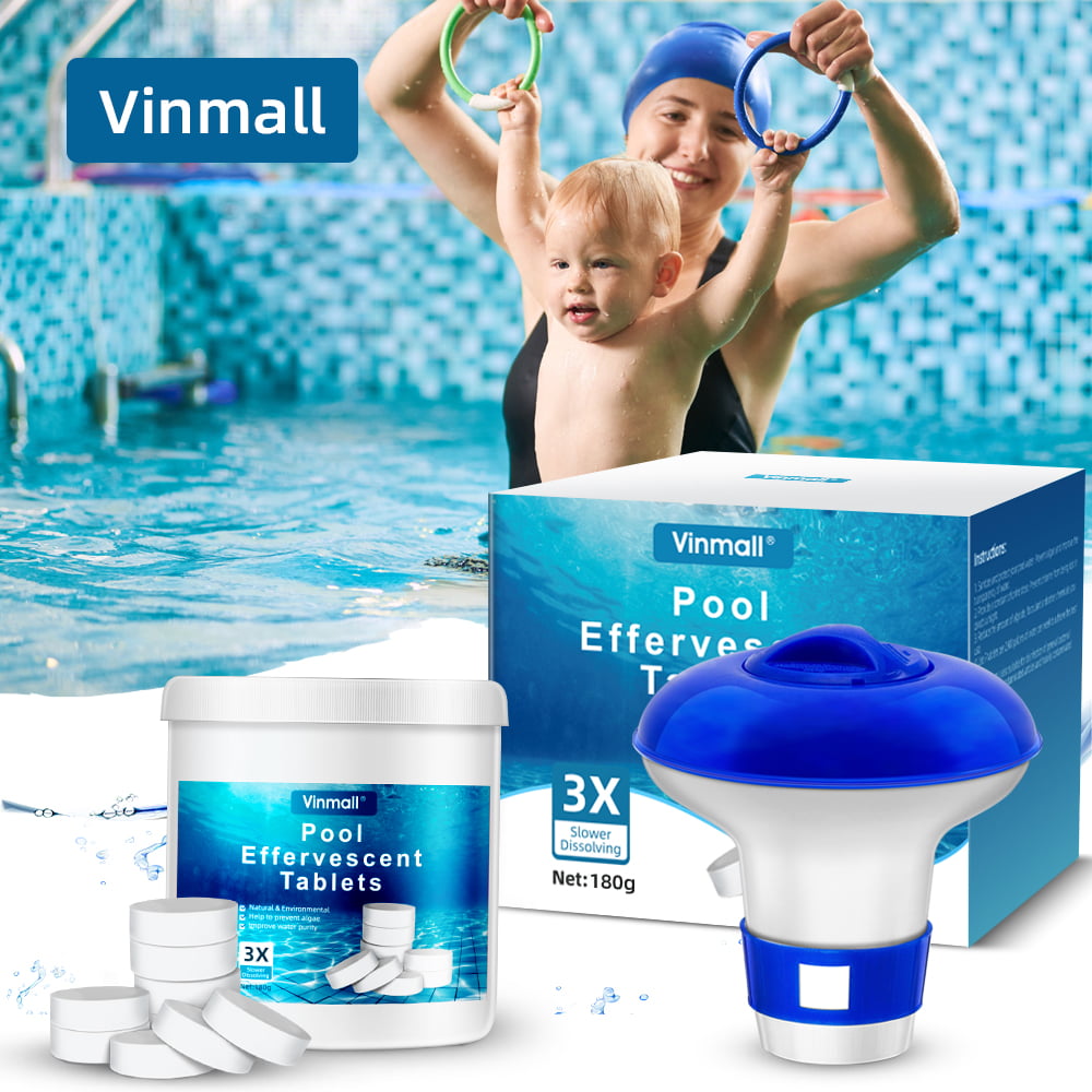 Melliful 180Pcs Pool Chlorine Tablets, Long Lasting Chlorine Tablets with 3 Inch Floating Chlorine Dispenser, Chlorine Tabs for Small Pool, Spas and Tubs Cleaning