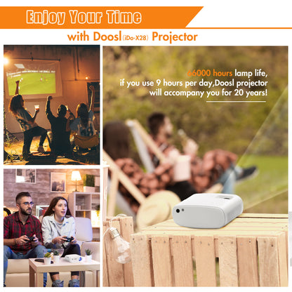 Doosl Mini Projector, Portable HD Wi-Fi Projector with Remote, 1080P Supported, 66000 Hours Lamp Life, LCD Movie Projector for Family Dormitory Kids, Compatible with TV Stick, HDMI, White