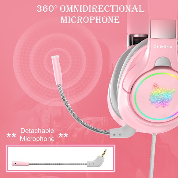ONIKUMA Pink Gaming Headset, 3D Stereo Surround Sound RGB Folding Over-ear Gaming Headphones with Detachable 360° Noise Cancelling Mic for PC Laptop PS4 Xbox One Nintendo Switch