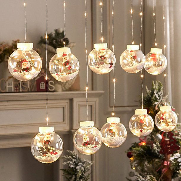 10pcs Christmas Ball LED String Lights, 26 Ft Xmas Wishing Ball Lights with 8 Lighting Modes, Santa Claus Waterproof Curtain Light String for Christmas Outdoor Indoor Holiday Decor