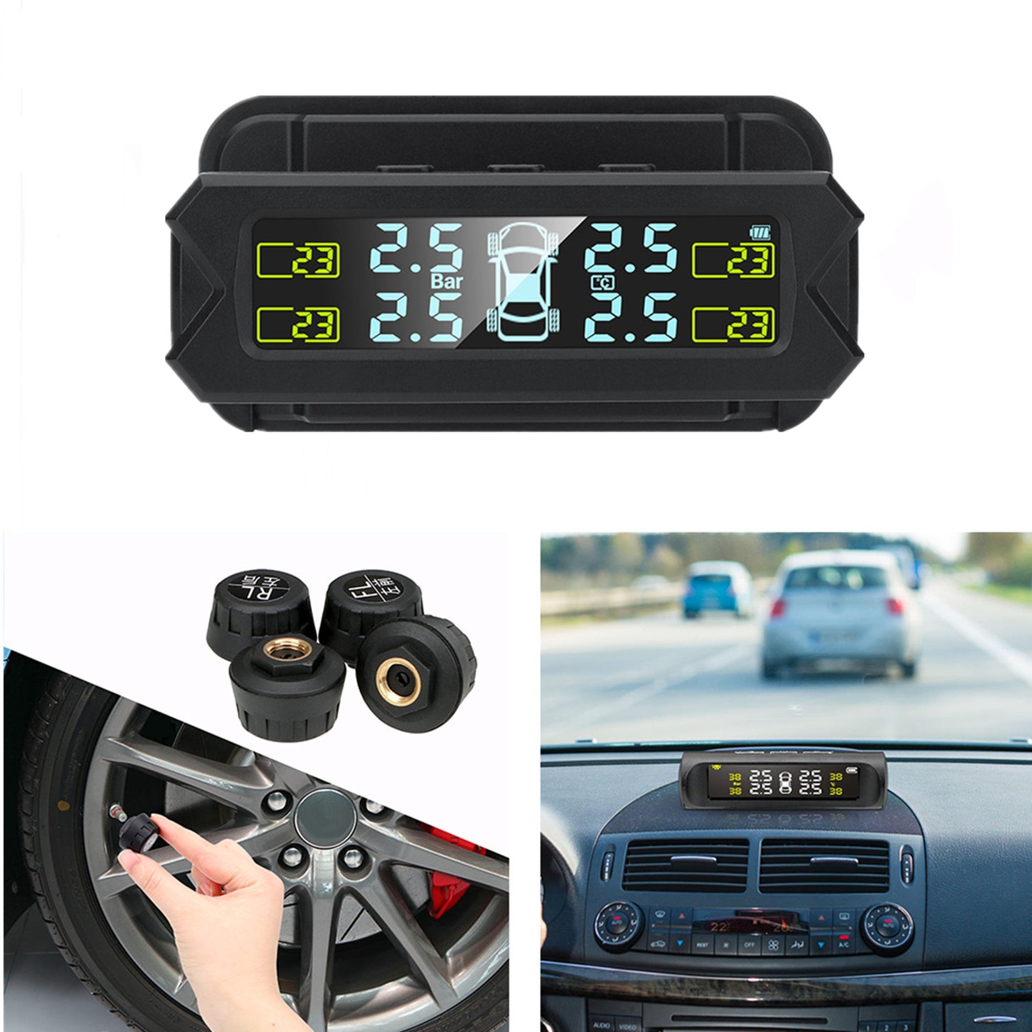 Auto Yet Tire Pressure Monitoring System, TSV TPMS Tool with 4 External Sensors, Real-Time Display of Pressure and Temperature Alarms Solar Tire Pressure Monitoring System, 6 Alarm Modes, Solar and USB Charging