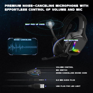ONIKUMA Gaming Headsets for PS4, Xbox One Controller, Nintendo Switch, PC, Laptop, MAC, Over-Ear Gaming Headphones with LED Light, Black
