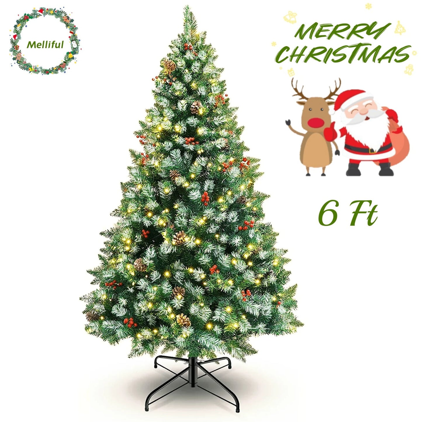 Melliful 6 Ft Christmas Tree, Pre-lit Artificial Xmas Tree with 33 Ft Colorful LED Lights, 700 Lifelike Branches, 25 Pine Cones and Red Berries, Ideal Xmas Decor for Home and Office, Green