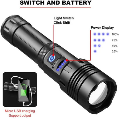 90000 Lumens Powerful Flashlight, Laighter USB Rechargeable Waterproof XHP50 Searchlight Super Bright 5 Modes LED Flashlight Zoom Bar Torch for emergencies Hiking Hunting Camping
