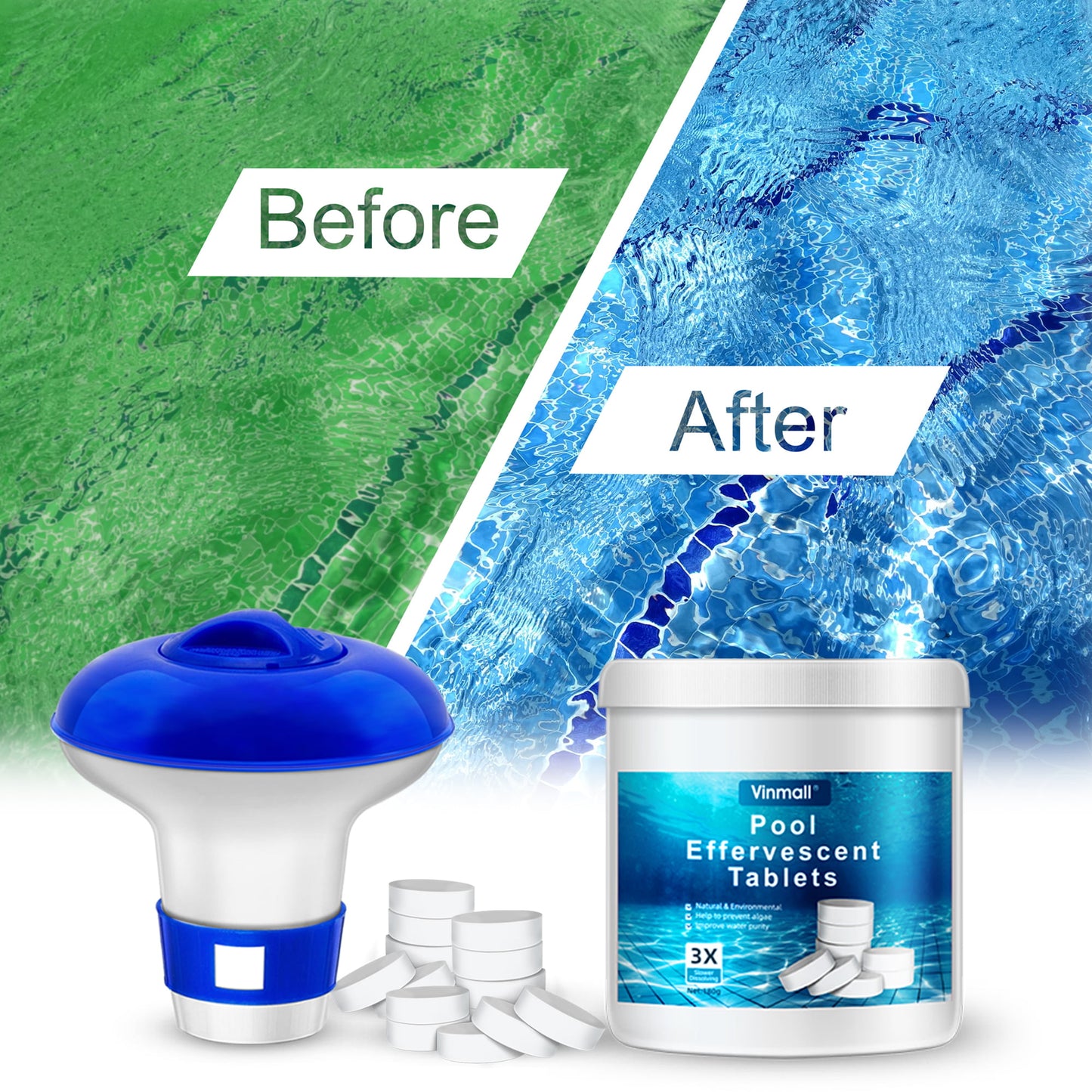 Chlorine Tablets for Swimming Pools Spas Hot Tubs Cleaning, Spa Chemicals with 3 inch Floating Dispenser, 180 Pcs