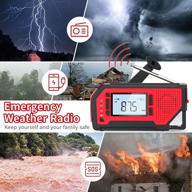 Solar Radio, Emergency Broadcast Weather Alarm Broadcast Hand Crank Radio AM/FM/NOAA Home And Antenna Weather Broadcast, LED Flashlight 2000mAh Portable Radio