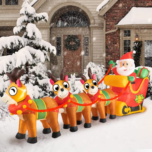 10 Foot Long Lighted Christmas Inflatable Santa Claus on Sleigh with 3 Reindeer Lights Decor Outdoor Indoor Holiday Decorations Blow up Lawn Inflatables Home Family Outside Decor