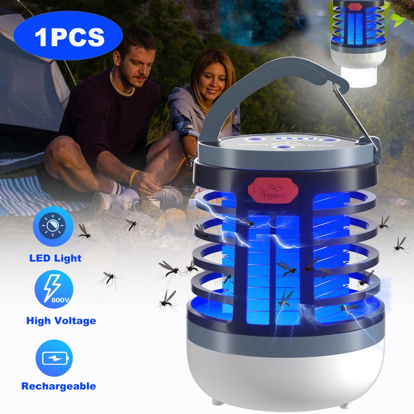 Bug Zapper Outdoor with Led Light, Electric Mosquito Repellent Pest Control Waterproof Cordless Bug Zapper , Rechargeable Insect Fly Trap For Outdoor, Indoor, Camping, Emergency, 1Pcs