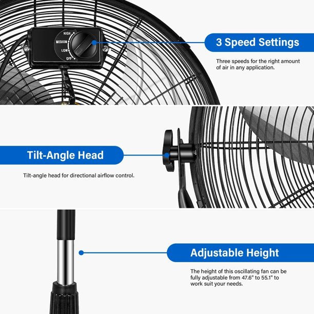 Melliful 18 Inch Pedestal Standing Fan, High Velocity, Heavy Duty Metal For Industrial, Commercial, Residential, Greenhouse Use, Black