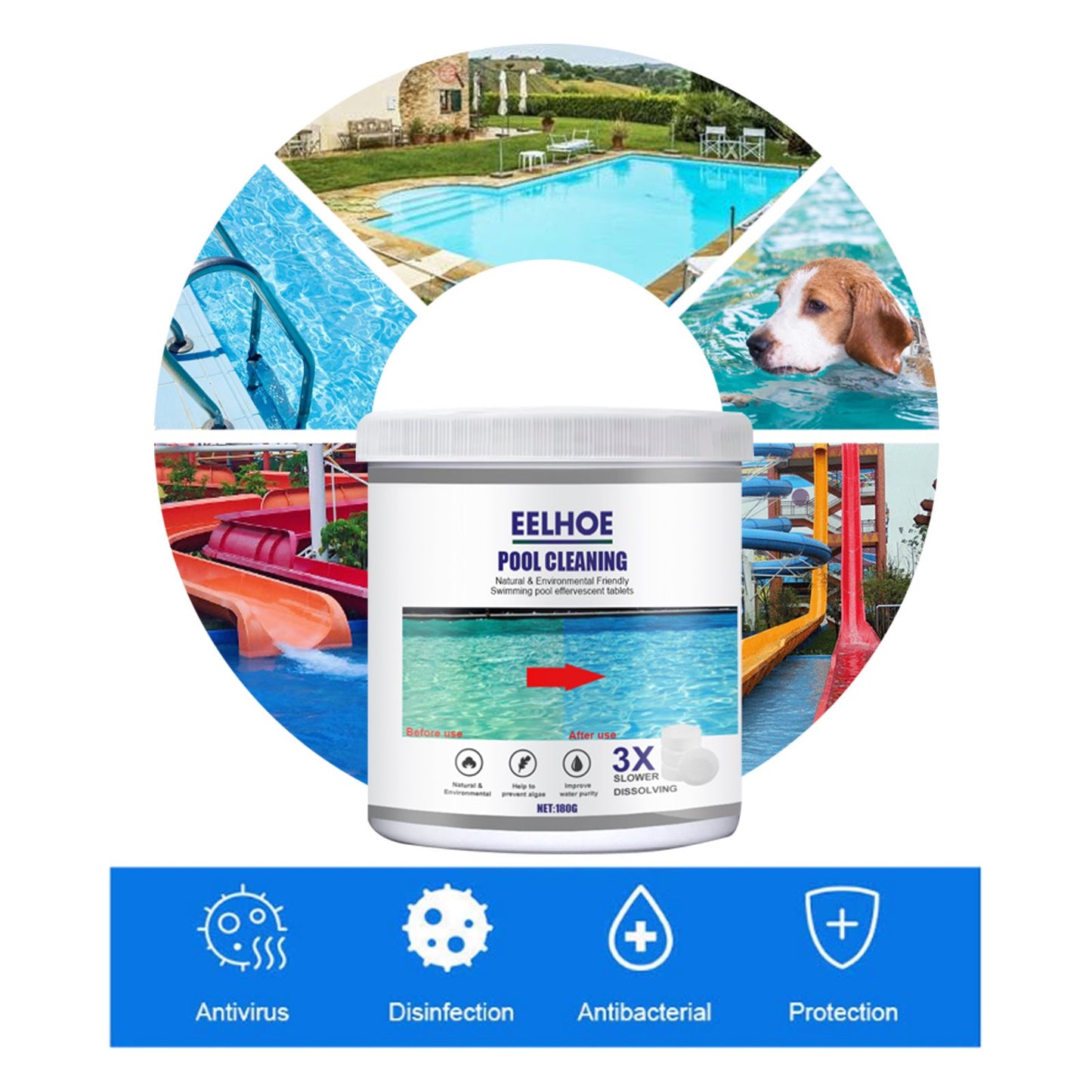 Vinmall 180g Pool Chlorine Tablets & Floating Chlorine Dispenser Combo, 0.4lb Long-lasting Chlorinating Tablets for Swimming Pool Spa Hub or Fountain Cleaning