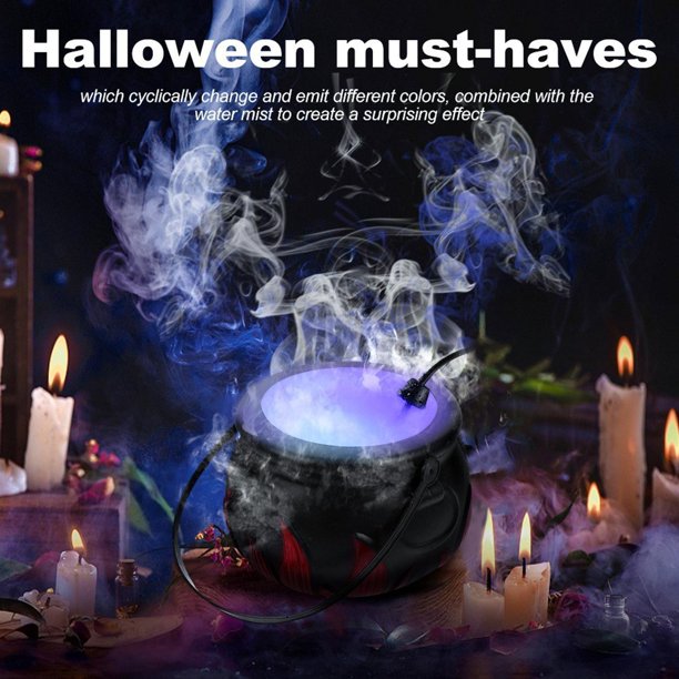 Halloween Witch Pot with Mist Maker,Witch Jar Atomizer Lamp Punch Bowl with 12 LED Light Color Change Fogger Mini Candy Cauldron Decor