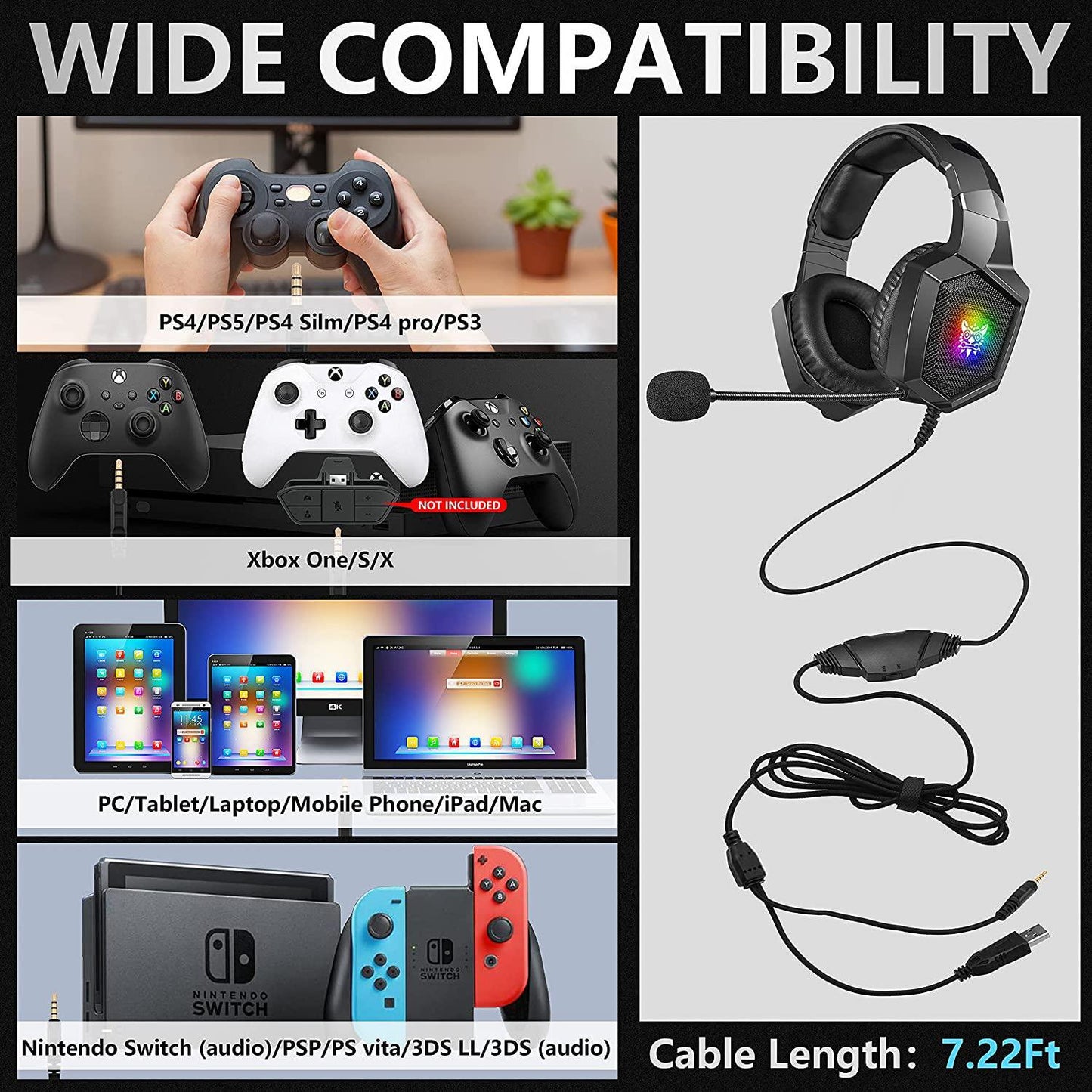 ONIKUMA K8 Gaming Headsets, Surround Stereo Sound Gaming Headphones with Flexible Mic LED Lights, Over-Ear Noise Cancelling Headsets for PS4, Xbox One, PS5, Nintendo Switch, PC, Mac, Mobile