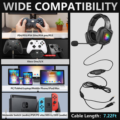 ONIKUMA K8 Gaming Headsets, Surround Stereo Sound Gaming Headphones with Flexible Mic LED Lights, Over-Ear Noise Cancelling Headsets for PS4, Xbox One, PS5, Nintendo Switch, PC, Mac, Mobile